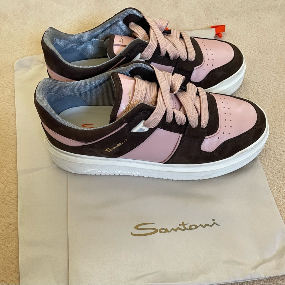 Santoni Women's Sneak-Air Two Tone Sneakers Chunky Leather Brown Pink 38.5